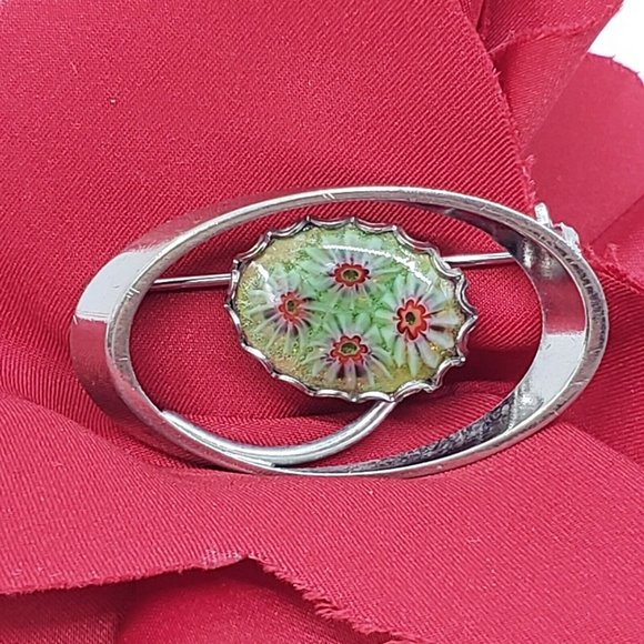 Vintage Green Murano Millefiori Venetian Glass Italian Pin Brooch Silver Tone - Picture 6 of 8